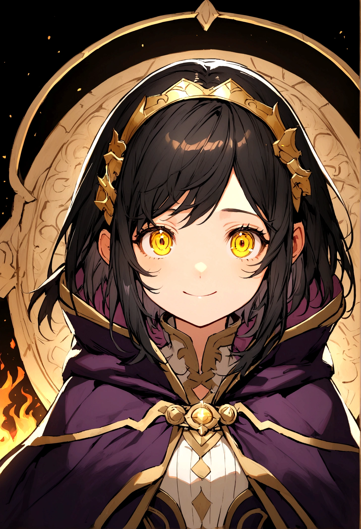 (high-quality, breathtaking),(expressive eyes, perfect face) 1girl, female, solo, portrait, Fire Emblem Awakening, Symmetrical Eyes, black background, Robin (Fire Emblem: Awakening), Black hair color, short hair length, straight hair, hair ornament, upper body, yellow eyes, Black and purple cloak, gold trim, white shirt, brown belt, tomb, cute smile, detailed eyes, adorable face, short height