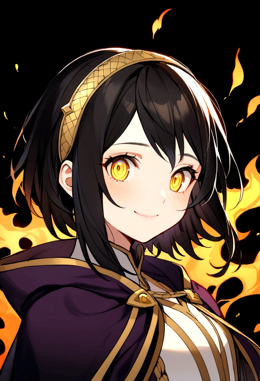 (high-quality, breathtaking),(expressive eyes, perfect face) 1girl, female, solo, portrait, Fire Emblem Awakening, Symmetrical Eyes, black background, Robin (Fire Emblem: Awakening), Black hair color, short hair length, straight hair, hair ornament, upper body, yellow eyes, Black and purple cloak, gold trim, white shirt, brown belt, tomb, cute smile, detailed eyes, adorable face, short height