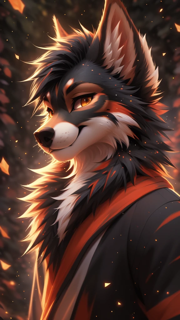 solo male, white hyeena furry, smiling, red fur, Black fur stripe, netral, illustration, portrait, beautiful, particles (high quality,4k,8k,highres,masterpiece:1.2), ultra-detailed, impressionistic:colorful,
