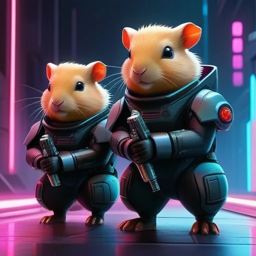 ASCIImasterpiece cartoon of two (((cyberpunk))) cute capybaras  with guns, bionic (prosthetic arm), glowing red eyes, ((futuristic, dystopian, neon colours)), symmetrical, highly detailed, digital painting, artstation, concept art, sharp focus, illustration, volumetric lighting, epic Composition, 8k, oil painting, cgsociety