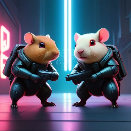 ASCIImasterpiece cartoon of two (((cyberpunk))) cute capybaras with guns, bionic (prosthetic arm), glowing red eyes, ((futuristic, dystopian, neon colours)), symmetrical, highly detailed, digital painting, artstation, concept art, sharp focus, illustration, volumetric lighting, epic Composition, 8k, oil painting, cgsociety