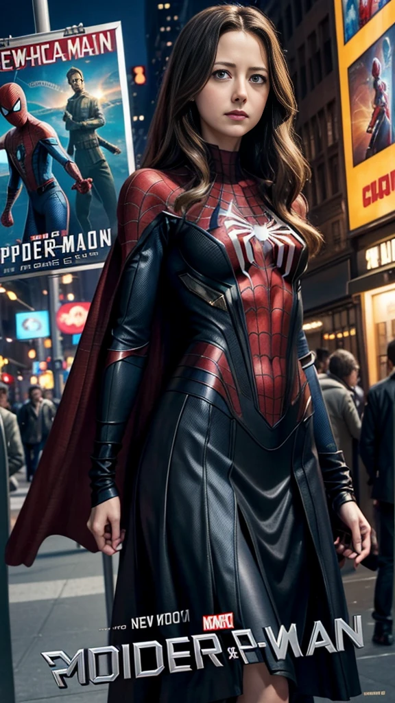 Amy Acker、マーベルコミックの映画Poster、so beautiful、Movies about Spider-Man、sexy、whole body、Wearing a skirt、Premiere Date、Poster、belly buttonを突き出す、new york、She&#39;s wearing a ripped Spiderman suit、The suit is torn、Wearing a skirt、Red and black color scheme、dynamic、masterpiece、Highest quality、Super detailed、Very detailed、Delicate and beautiful shine、Ultra-high resolution、Cinematic、break、breakドロップ、(Torn clothes:1.5)、(Wet clothes:1.4)、Bare shoulders、Real Rain、Wet Hair、belly button、Exposed Skin、sexyな肩を披露