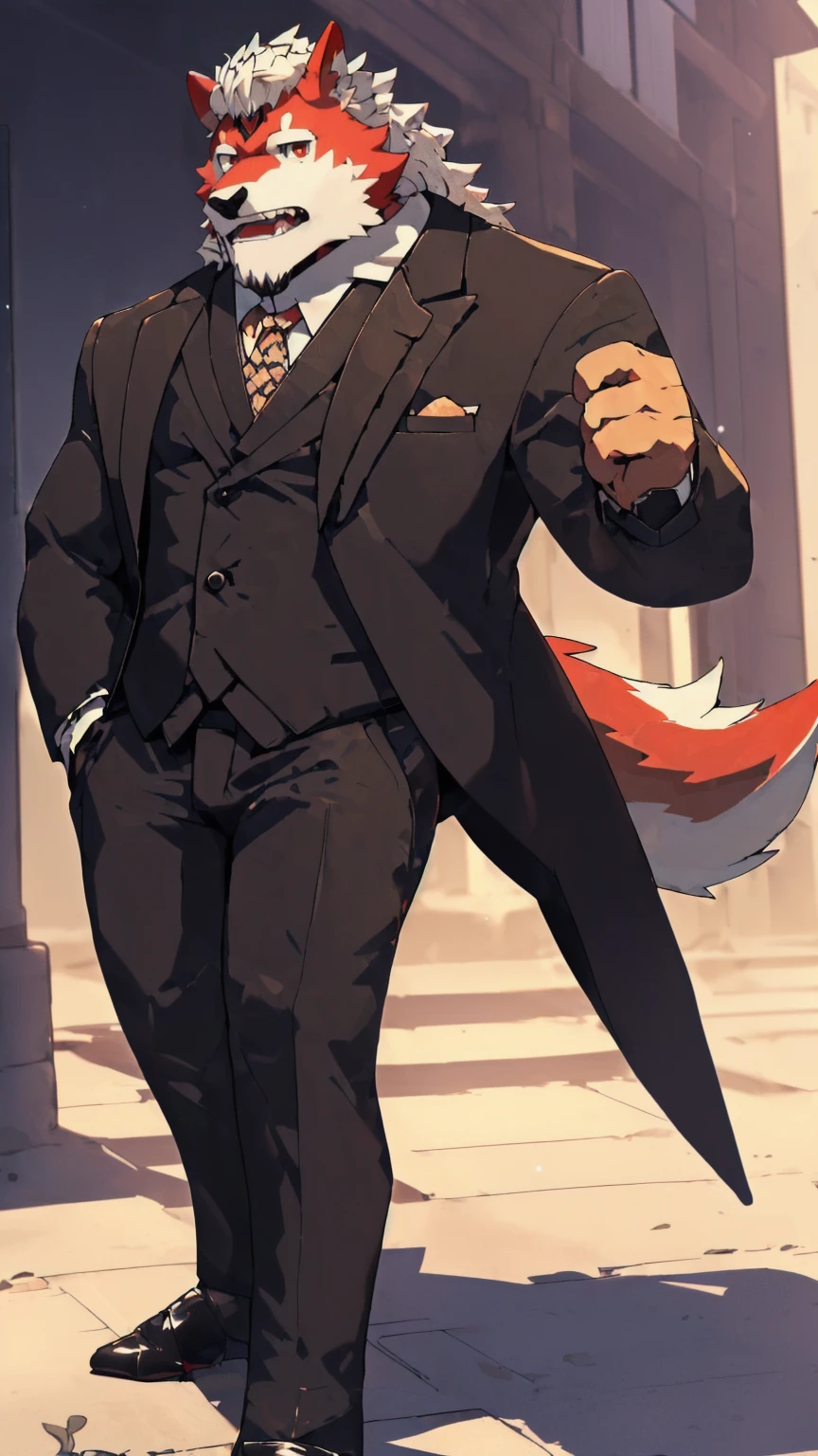 Orange background,high resolution,4K,masterpiece,high quality,35 years old,((Wolfdog)),male,((whole body:1.4,Strike a pose:1.5,Mature:1.3,grimace in pain:1.4)),WolfdogFurry,(Uncle figure:1.5,hairy),((Moderate:1.2)),((Strong body:1.5,Long legs:1.3,big ear:1.3,Thick long tail,(((Suit 1:3))),(((White hair:1.4,Red hair:1.2,Wild muscles:1.4,Red eyes:1.4,White chest:1.6,White belly:1.6,Red limbs:1.6,Red and white tail:1.3))),Delicate eyes:1.6,Fine details,Detailed body,(Detailed hand details:1.4)