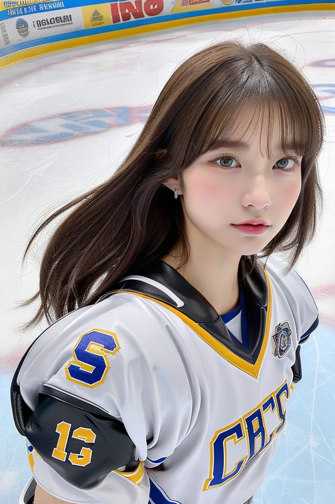 (masterpiece, ultra-detailed, ultra-realistic, best quality, clear focus, photorealistic), solo, 1 woman, (ultra-high resolution, 8k, 16k:1.3), (full body:1.33), (very wide shot), perfect anatomy, perfect face, (detailed face, detailed eye), (there is 18 years old Japanese idol in ice hockey rink:1.3), ice hockey player, (wearing college ice hockey team's ice hockey uniform with very large protectors that all made of leather:1.3), (very large shoulder protectors:1.2), large breasts, slim waist, (very long pink hair), (very beautiful with very cute but cool boyish face), (Bad girl:1), cool girl atmosphere, dynamic angle, acrobatic pose, very slender but muscular, very broad shoulders, painful expressions