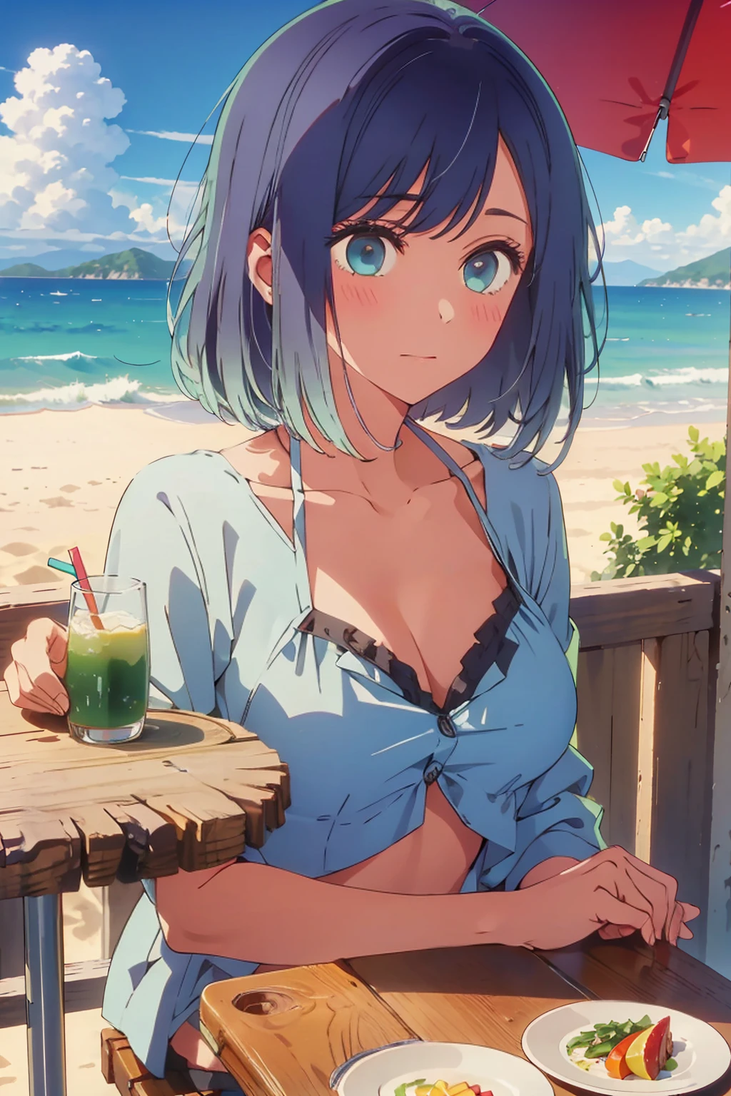 (Highest quality:1.4、masterpiece:1.4、Super detailed:1.4、8K:1.4)、((((1 person、Surprised expression、sit、Outdoor café terrace、coastal、juice、table、Sandy Beach、juiceのグラスを持つ、Plain Bikini、Very soft boobs、Big eyes、Very cute face))))、F cup bust、Medium breast