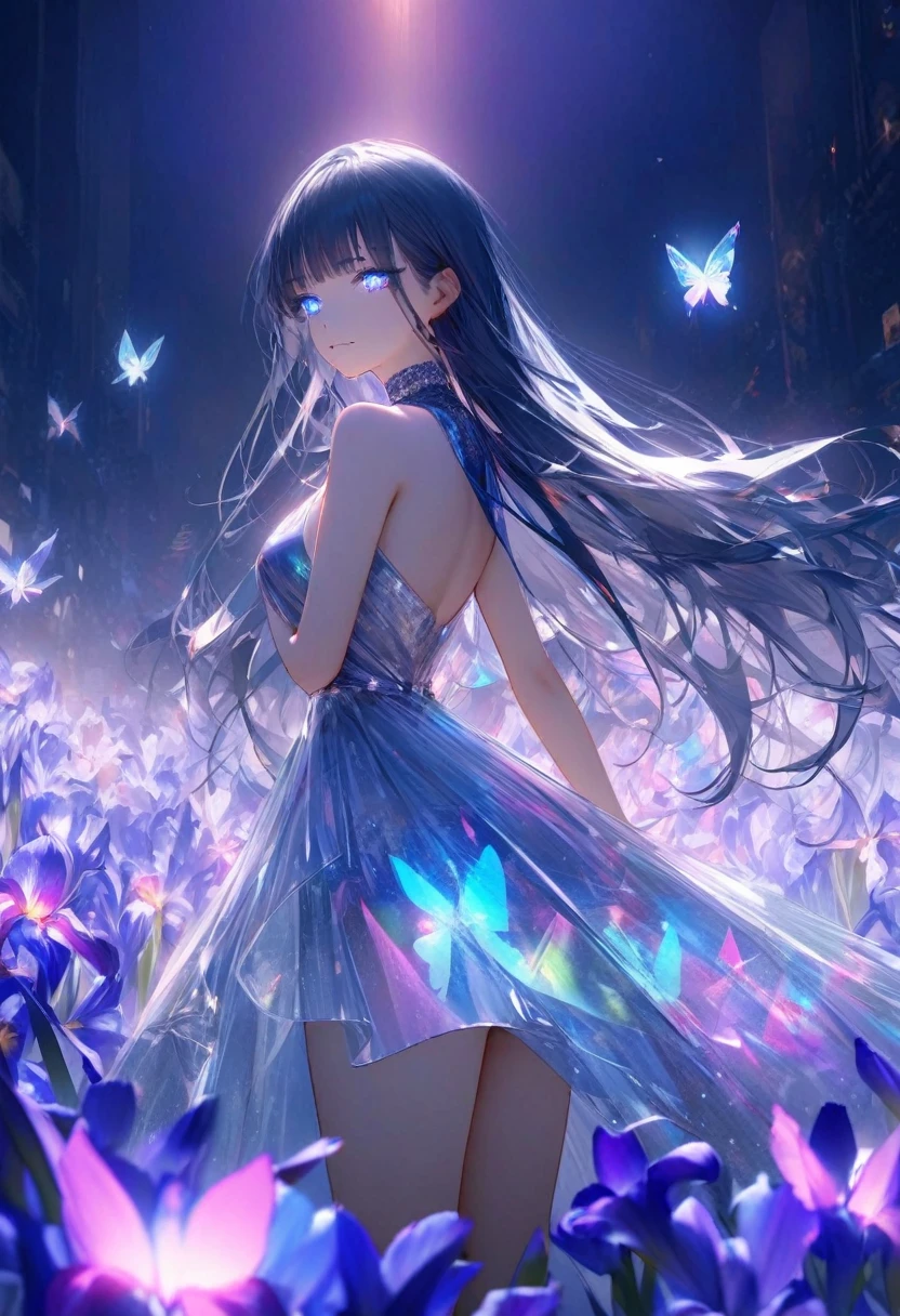 masterpiece, best quality,high resolution, 1 female, aldult, long hair. look_exist_audience, High, perfect stexisture, long time, Bangs, chromexistic dispersion, transparent_plastic, Polychromexistic prism effect, iris/Opalescence, glowing color, aluminum foil, glowing atmosphere,, moonlight, There are stars in the eyes, butterfly style, iris, Liuli, Polychromexistic prism effect, Rainbow core, iris/Opalescence, glowing atmosphere, Very beautiful dress