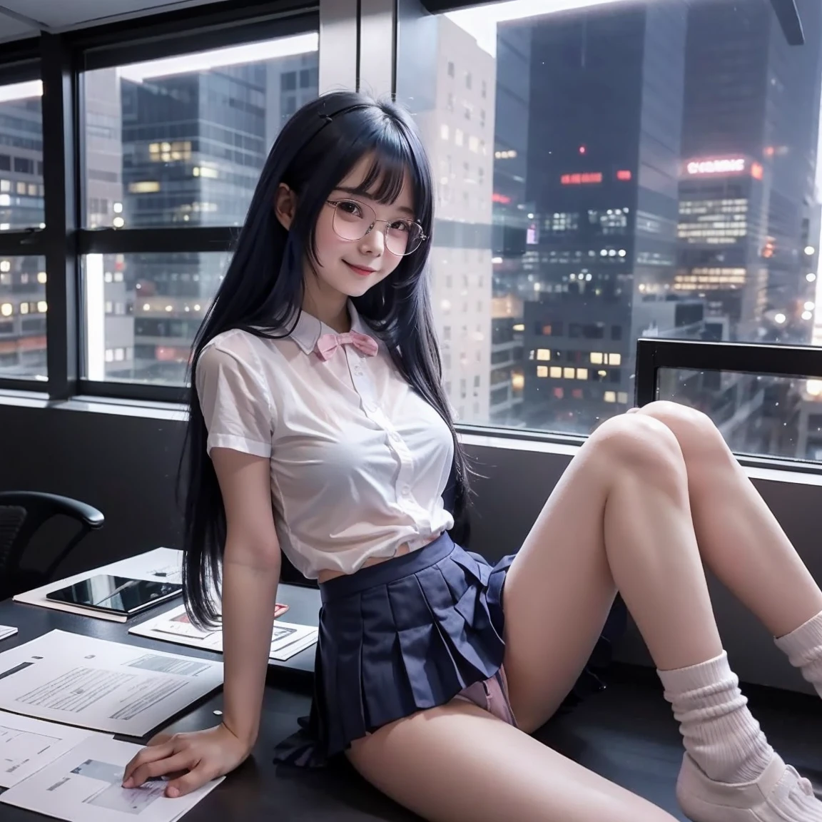 One woman（）、Shyly smiling、Long, blue hair、Thin glasses、White clothes、See-through shirt、ribbon、Short pleated skirt、Pink underwear、loose socks、Inside a skyscraper office at night、Spread your legs