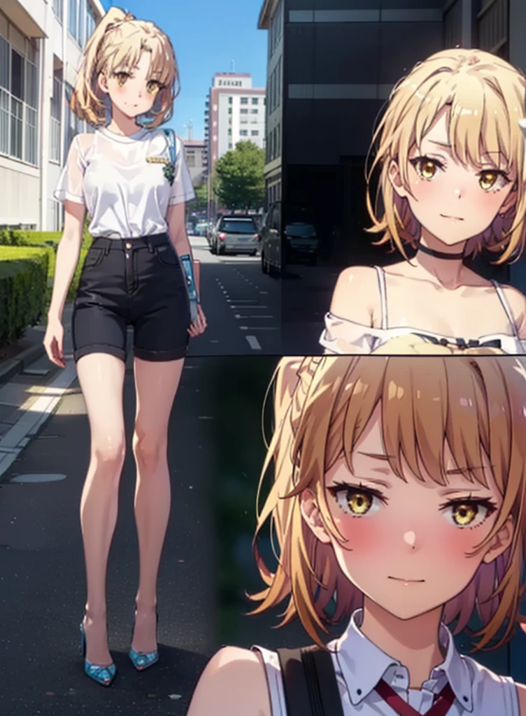 Irohaisshiki, isshiki iroha, Short Hair, Brown Hair, (Brown eyes:1.5), blush,ponytail,
happy smile, smile, Open your mouth,Cold Shoulder Shirt,Short sleeve skinny jeans,Stiletto heels,Daytime,Clear skies,Walking,whole bodyがイラストに入るように,
break outdoors, School,courtyard,
break looking at viewer,whole body,
break (masterpiece:1.2), Highest quality, High resolution, unity 8k wallpaper, (figure:0.8), (Beautiful attention to detail:1.6), Highly detailed face, Perfect lighting, Highly detailed CG, (Perfect hands, Perfect Anatomy),