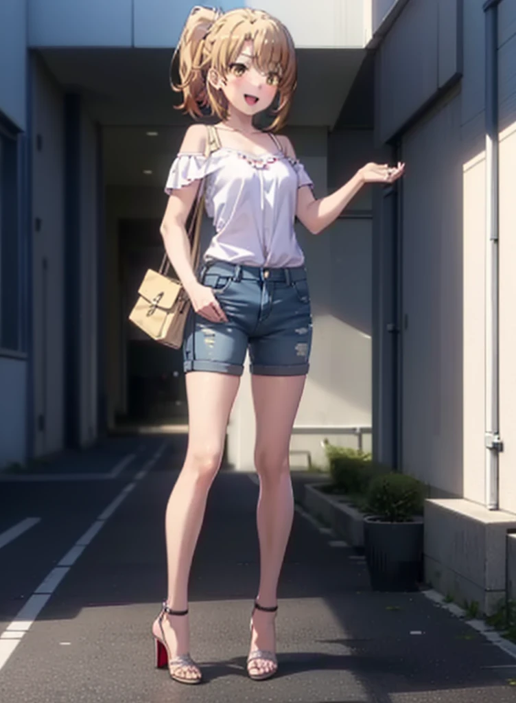 Irohaisshiki, isshiki iroha, Short Hair, Brown Hair, (Brown eyes:1.5), blush,ponytail,Squint both eyes,blush,
happy smile, smile, Open your mouth,Cold Shoulder Shirt,Short sleeve skinny jeans,Stiletto heels,Daytime,Clear skies,Are standing,Put your right hand on your hip,whole bodyがイラストに入るように,Looking up from bottom to top,
break outdoors, School,courtyard,
break looking at viewer,whole body,
break (masterpiece:1.2), Highest quality, High resolution, unity 8k wallpaper, (figure:0.8), (Beautiful attention to detail:1.6), Highly detailed face, Perfect lighting, Highly detailed CG, (Perfect hands, Perfect Anatomy),