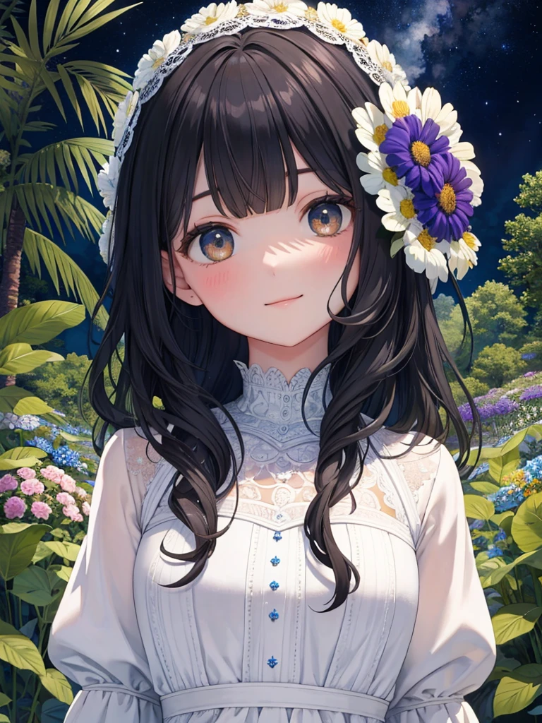 (masterpiece),(top-quality),(ultra-detailed),(high resolution),(in 8K animation),(beautifull detailed face),(beatiful detailed eyes),(anatomically correct),(Keep your head small),1girl,black hair,wavy hair,(round big eyes),blunt bangs,[violet eyes:(gold eyes):0.55],gently smile,white dress,(flowers),(forest),(starry night)