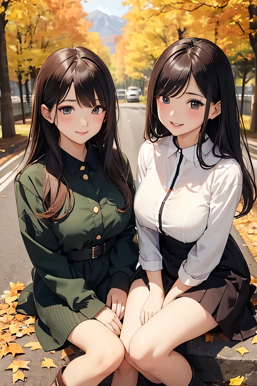 Highest quality、High resolution、Detailed Background、(Beautiful face in every detail:1.4)、Anatomically correct、(Detailed facial expressions)、Beautiful women in their 20s、(Highly detailed face:1.2)、(Huge breasts:1.2)、Cute hair colour、Cute hairstyle、Perfect body line、Cute Eye Makeup、Cute Lip Makeup、well-groomed eyebrows、A big smile、Do cute things、

(Two beautiful women looking at you with happy expressions:1.5)、

色づき始めたwood々The leaves are swaying slowly in the wind、The sky is clear、The mountain ranges in the distance are clearly visible、
wood々The leaves that fell from the branches of、Gracefully descending to the ground、The leaves gather together, swirl, and fly up、
Colorful fallen leaves are scattered along the road、Every time I walk, it makes a rustling sound as it gets crushed.、
wood々The soft sunlight filtering through the branches gently illuminates the fallen leaves.、
In the light, small birds are busily flying around.、Deep red or orange、yellow、It is recommended to incorporate autumn colors such as green.、Pair your feet with brown short boots.、You can create an autumn look.、
It&#39;s a good idea to choose accessories that have an autumn feel.、Necklace in gold and brown tones、Earrings、Suitable for bracelets etc.、Ribbed knit vest、Checkered Skirt、Materials such as corduroy pants also give off an autumn vibe.、Combine deep colors and warm materials overall、Outerwear such as snoods are also essential for the changing seasons.、 A sophisticated fall look with attention to detail、very beautiful