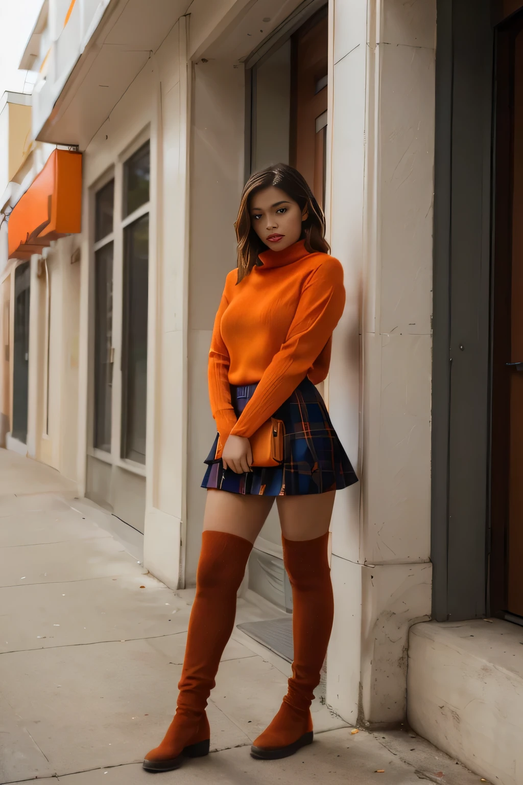 Woman in orange sweater and plaid skirt leaning on a building, orange tones, thighs and skirt, wearing a red turtleneck sweater, orange and blue tones, isabela moner, blue and orange tones, photogenic full body shot, Auburn Outfit, colorful suit, wearing turtleneck, posing on an urban street, olivia blame