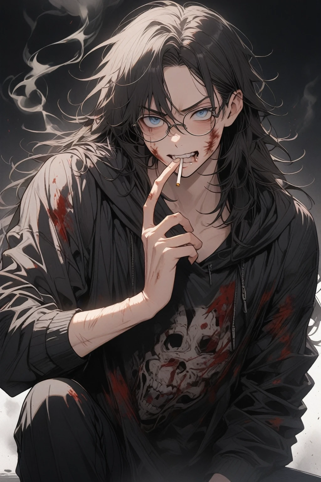 1 guy, blue eyes, black hair, wears glasses, a lot of scars on his face, long hair disheveled, male build, looks at the viewer, cigarette in his mouth, angry face, rage, smoke, dressed in a black hoodie, black pants, black background, blood on clothes, blood on cheek, shadowed face, detailed, beautiful, delicate tones