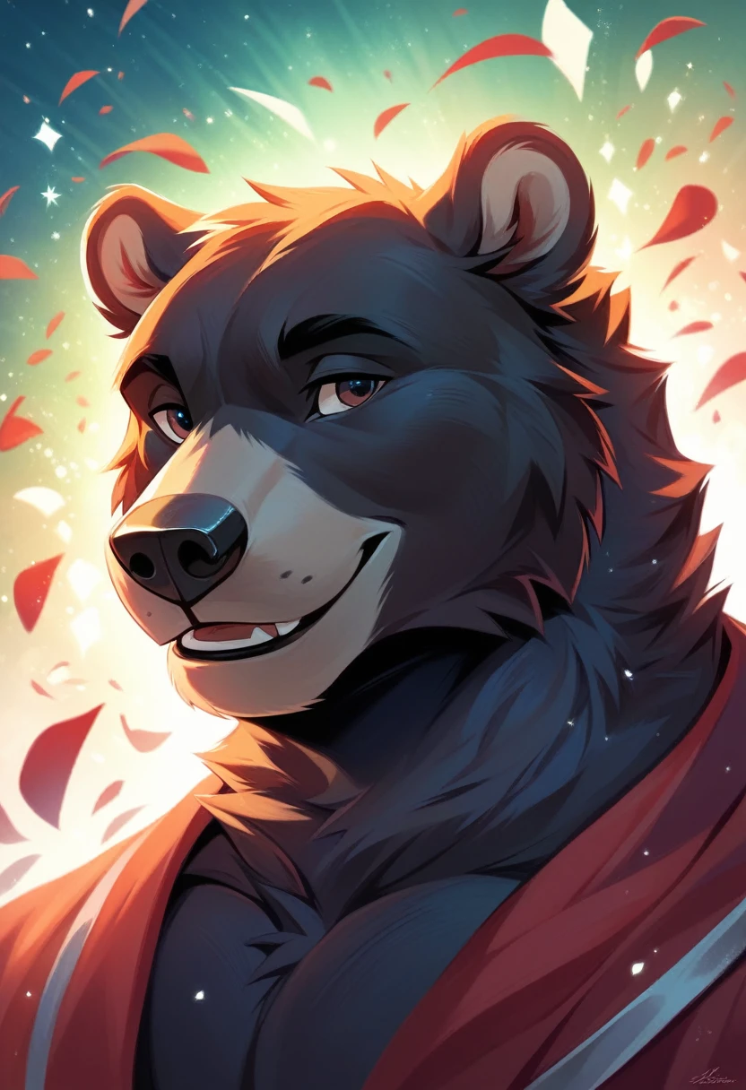 solo male, white bear furry, smiling, red fur, Black fur stripe, netral, illustration, portrait, beautiful, particles (high quality,4k,8k,highres,masterpiece:1.2), ultra-detailed, impressionistic:colorful,