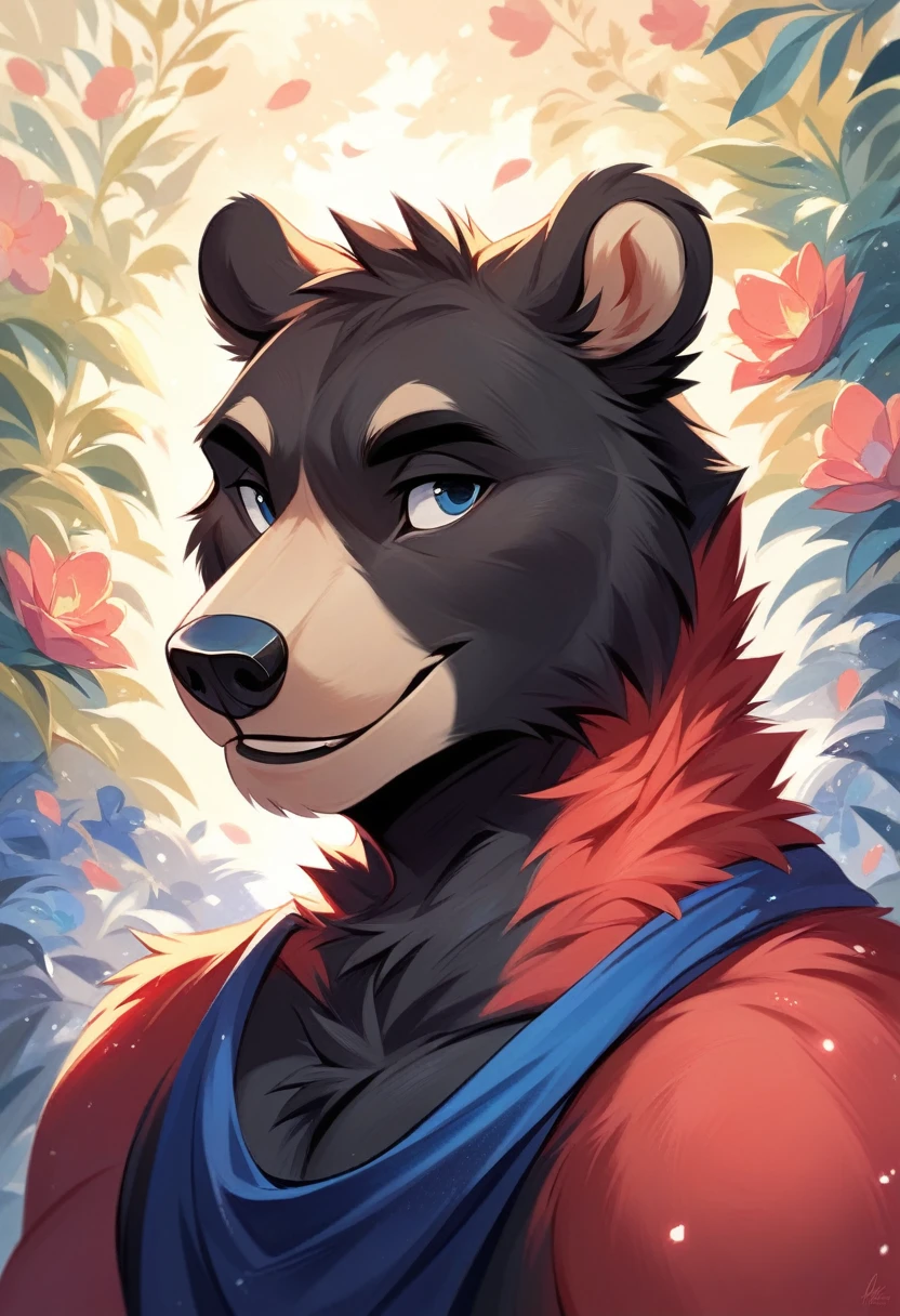solo male, white bear furry, smiling, red fur, Black fur stripe, netral, illustration, portrait, beautiful, particles (high quality,4k,8k,highres,masterpiece:1.2), ultra-detailed, impressionistic:colorful,