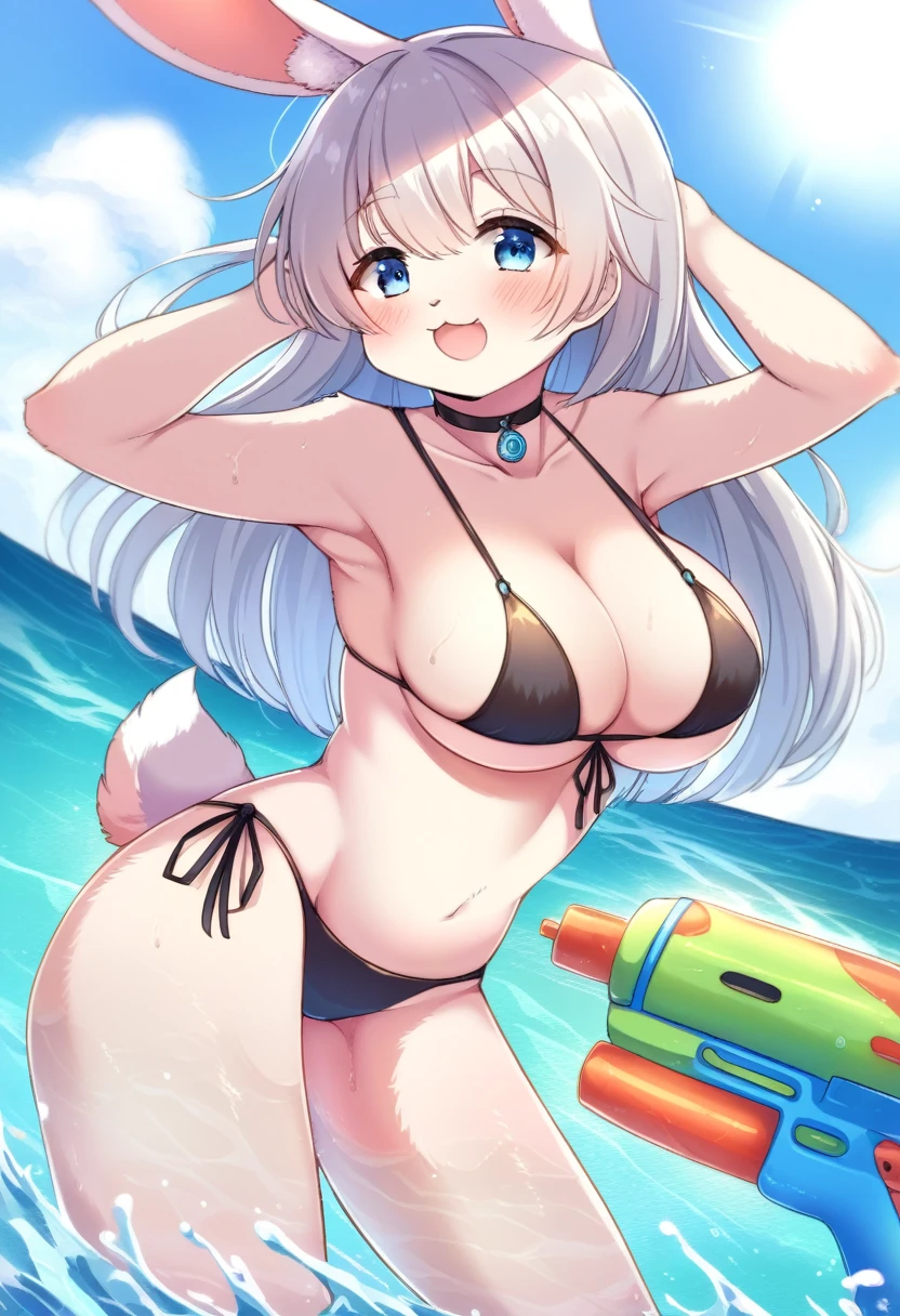 ((Masterpiece)), ((Best Quality)), (Very Detailed), ((Very Detailed)), 4K, (8K), very aesthetic, absurdres highres, 1girl, (anthropomorphic rabbit, furry, kemono:1.5), breasts, swimsuit, bikini, solo, grey hair, black bikini, (water gun:1.8), navel, choker, black choker, cleavage, thigh strap, outdoors, looking at viewer, smile, large breasts, side-tie bikini bottom, tail, day, rabbit girl, blue eyes, open mouth, water, wet, ass visible through thighs, stomach, thigh gap, sky, holding, cowboy shot, sunlight, bare shoulders, collarbone, blush, ocean, blue sky, halterneck, jewelry, thighs, leaning forward, cloud, armpits, pendant, standing,
