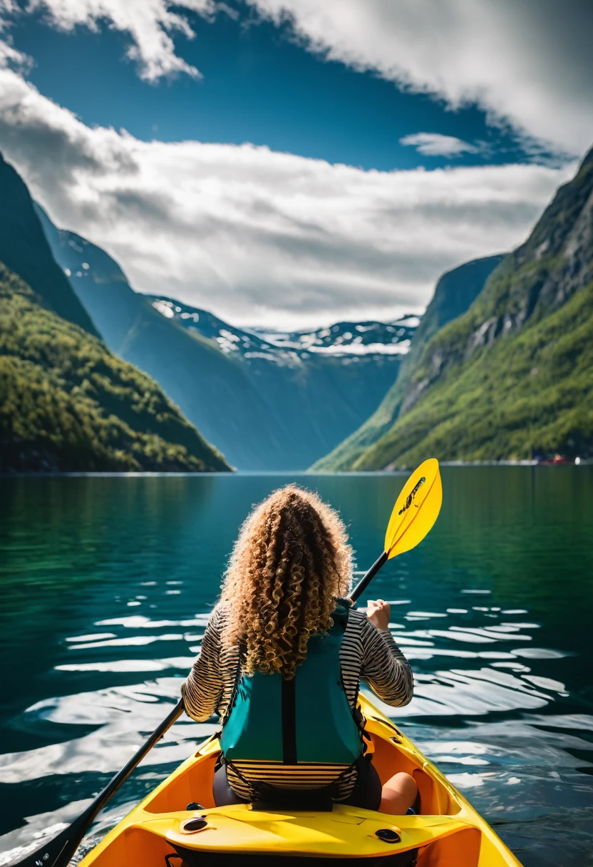 there is a view of a girl with curly hair kayaking from the front of the boat, a photo by Sebastian Spreng, Pexels contest winner, modernism, Norway fjords, water paddle, Norway fjord, fjords in background, fjord, Norway, in a kayak in a forest, Epic scenic shot, epic mountains in the background, Norway mountains, fjords