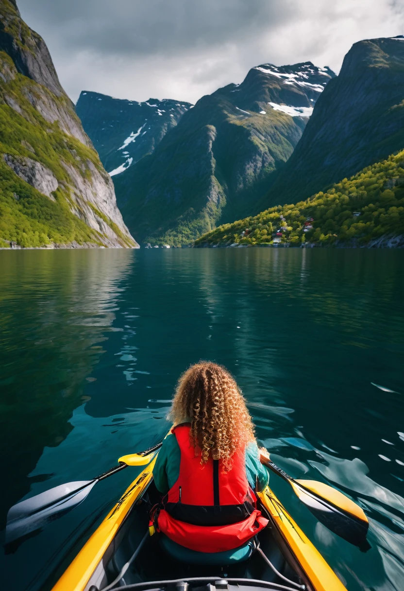 there is a view of a girl with curly hair kayaking from the front of the boat, a photo by Sebastian Spreng, Pexels contest winner, modernism, Norway fjords, water paddle, Norway fjord, fjords in background, fjord, Norway, in a kayak in a forest, Epic scenic shot, epic mountains in the background, Norway mountains, fjords