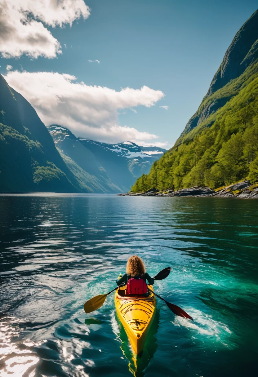 there is a view of a girl with curly hair kayaking from the front of the boat, a photo by Sebastian Spreng, Pexels contest winner, modernism, Norway fjords, water paddle, Norway fjord, fjords in background, fjord, Norway, in a kayak in a forest, Epic scenic shot, epic mountains in the background, Norway mountains, fjords