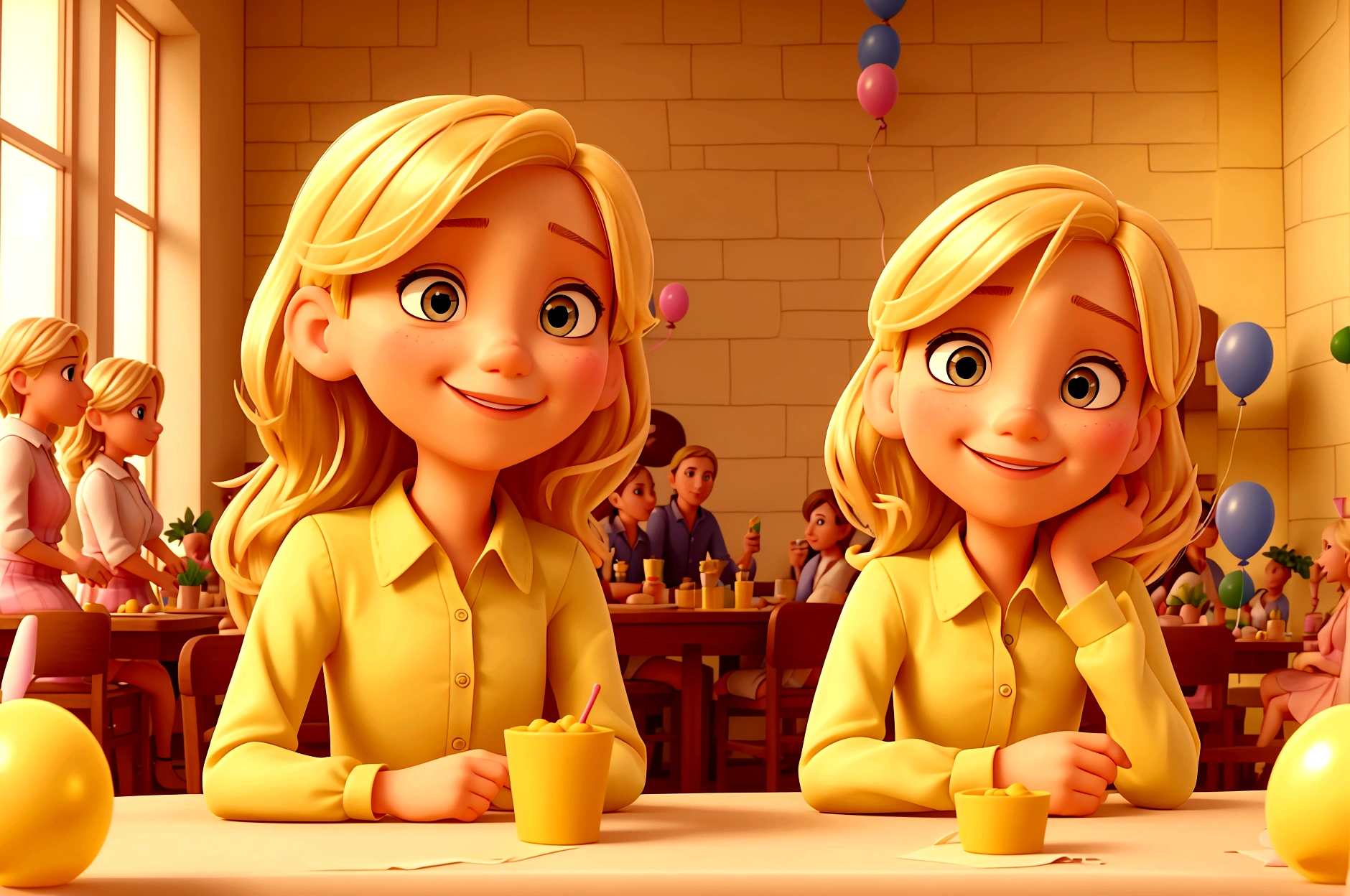 creates an image of a young blonde pixar style, sitting at a table with other friends, happy, everyone together, taking a selfie, celebrating a birthday, Text "Giselle" background is a bar, and yellowish color, balloons, plants and notes of dollars falling to the bottom