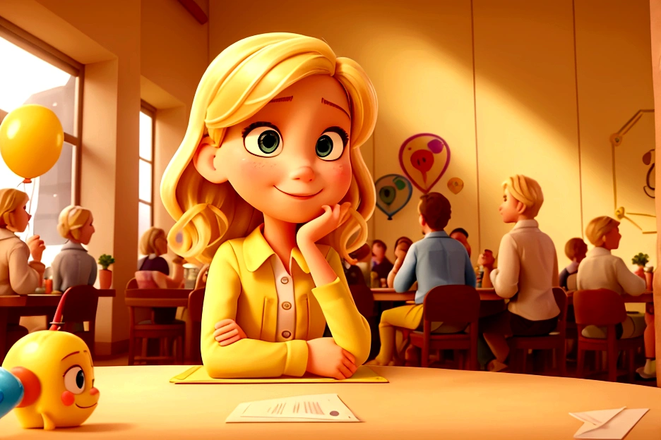 creates an image of a young blonde pixar style, sitting at a table with other friends, happy, everyone together, taking a selfie, celebrating a birthday, Text "Giselle" background is a bar, and yellowish color, balloons, plants and notes of dollars falling to the bottom