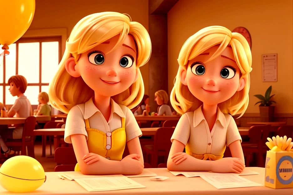 creates an image of a young blonde pixar style, sitting at a table with other friends, happy, everyone together, taking a selfie, celebrating a birthday, Text "Giselle" background is a bar, and yellowish color, balloons, plants and notes of dollars falling to the bottom