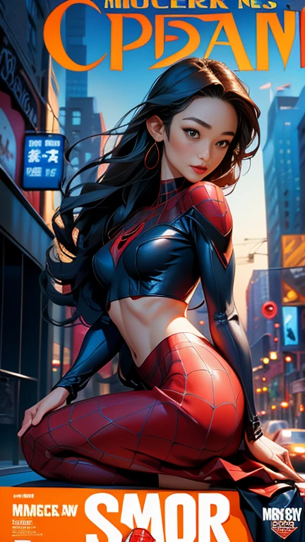 Maggie Q、マーベルコミックの映画Poster、so beautiful、Movies about Spider-Man、sexy、whole body、Wearing a skirt、Premiere Date、Poster、belly buttonを突き出す、new york、She&#39;s wearing a ripped Spiderman suit、The suit is torn、Wearing a skirt、Red and black color scheme、dynamic、masterpiece、Highest quality、Super detailed、Very detailed、Delicate and beautiful shine、Ultra-high resolution、Cinematic、break、breakドロップ、(Torn clothes:1.5)、(Wet clothes:1.4)、Bare shoulders、Real Rain、Wet Hair、belly button、Exposed Skin、sexyな肩を披露