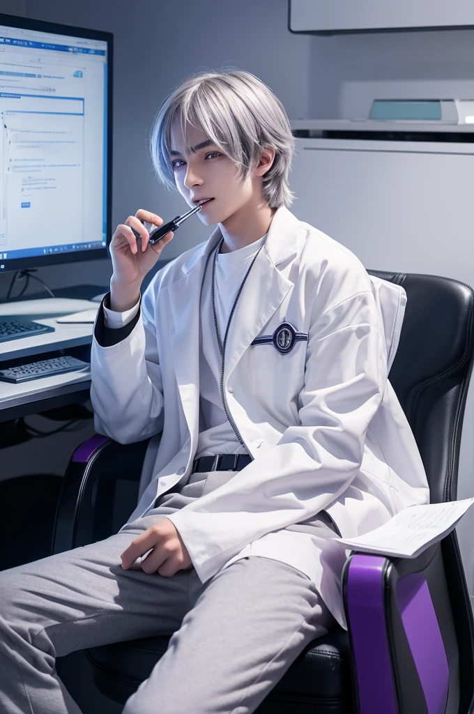 A refreshing boy, 18 years old, with slender silver hair and purple eyes, in a cyber laboratory, a researcher in a laboratory of the dark future, in a white lab coat, biting a pen, biting a ballpoint pen with his teeth, thinking, sitting on a luxurious black chair