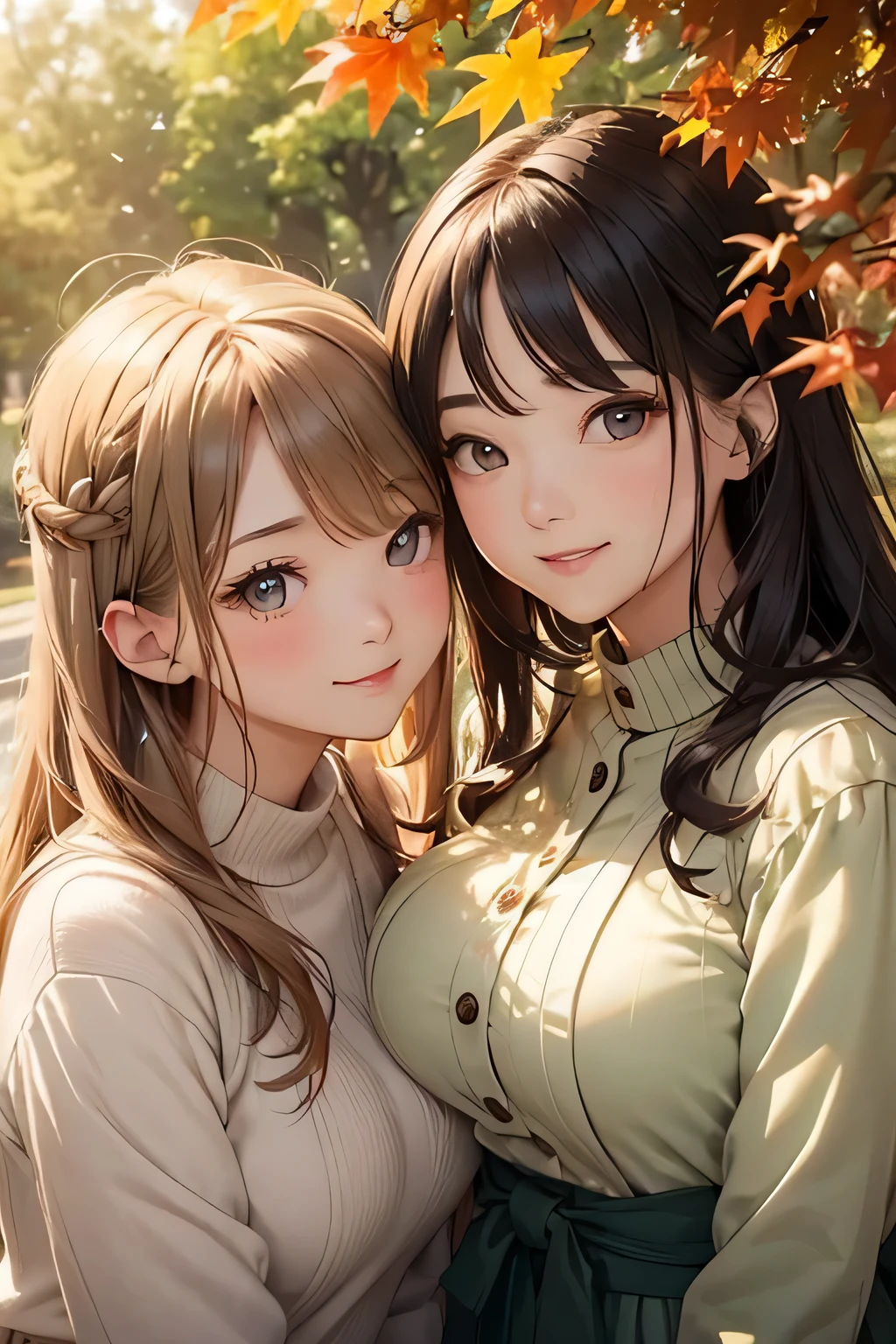 Highest quality、High resolution、Detailed Background、(Beautiful face in every detail:1.4)、Anatomically correct、(Detailed facial expressions)、Beautiful women in their 20s、(Highly detailed face:1.2)、(Huge breasts:1.2)、Cute hair colour、Cute hairstyle、Perfect body line、Cute Eye Makeup、Cute Lip Makeup、well-groomed eyebrows、A big smile、Do cute things、
(Two beautiful women looking at you with happy expressions:1.5)、
色づき始めたwood々The leaves are swaying slowly in the wind、The sky is clear、The mountain ranges in the distance are clearly visible、
wood々The leaves that fell from the branches of、Gracefully descending to the ground、The leaves gather together, swirl, and fly up、
Colorful fallen leaves are scattered along the road、Every time I walk, it makes a rustling sound as it gets crushed.、
wood々The soft sunlight filtering through the branches gently illuminates the fallen leaves.、
In the light, small birds are busily flying around.、Deep red or orange、yellow、It is recommended to incorporate autumn colors such as green.、Pair your feet with brown short boots.、You can create an autumn look.、
It's a good idea to choose accessories that have an autumn feel.、Necklace in gold and brown tones、Earrings、Suitable for bracelets etc.、Ribbed knit vest、Checkered Skirt、Materials such as corduroy pants also give off an autumn vibe.、Combine deep colors and warm materials overall、Outerwear such as snoods are also essential for the changing seasons.、 A sophisticated fall look with attention to detail、very beautiful