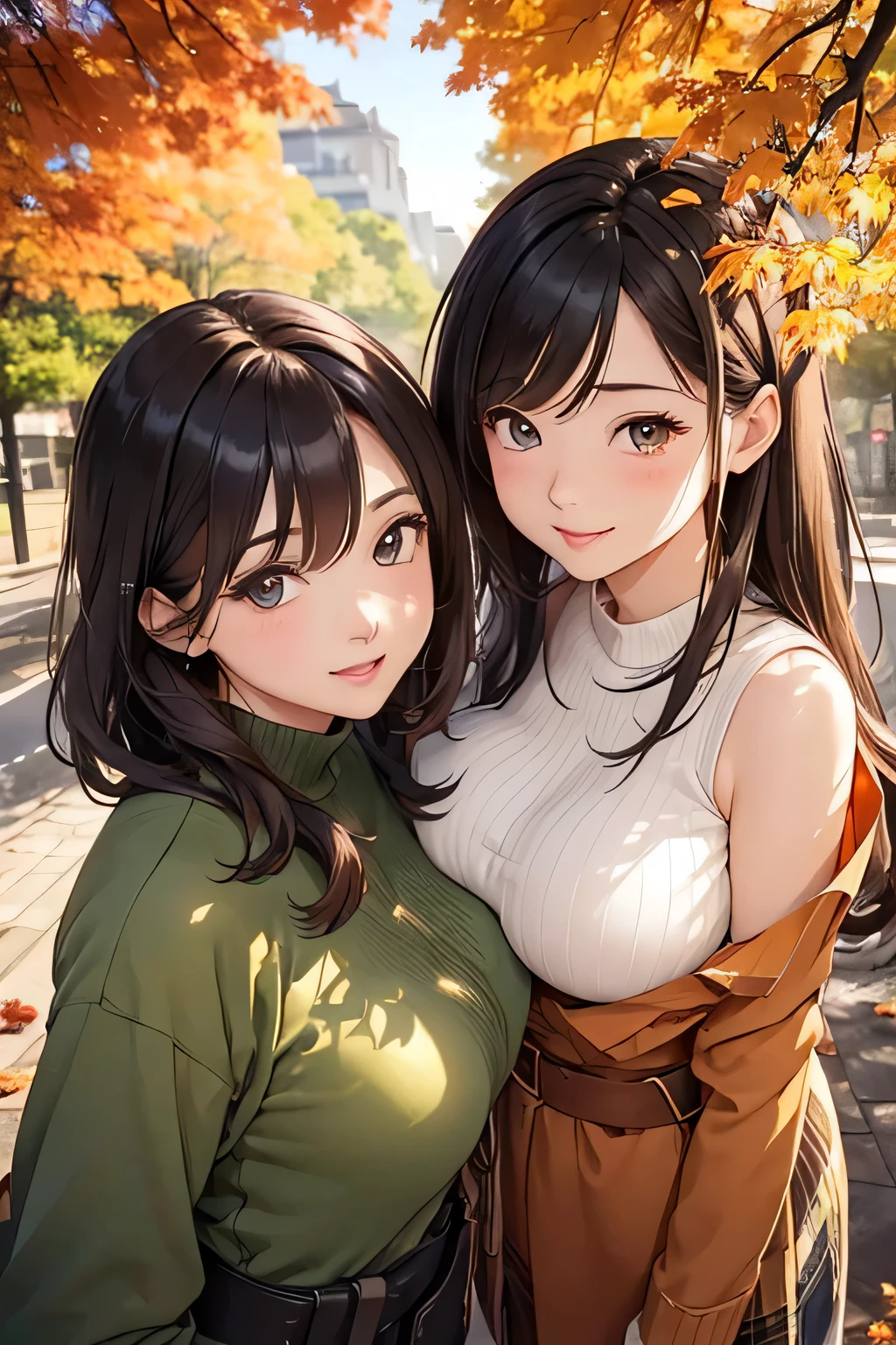 Highest quality、High resolution、Detailed Background、(Beautiful face in every detail:1.4)、Anatomically correct、(Detailed facial expressions)、Beautiful women in their 20s、(Highly detailed face:1.2)、(Huge breasts:1.2)、Cute hair colour、Cute hairstyle、Perfect body line、Cute Eye Makeup、Cute Lip Makeup、well-groomed eyebrows、A big smile、Do cute things、
(Two beautiful women looking at you with happy expressions:1.5)、
色づき始めたwood々The leaves are swaying slowly in the wind、The sky is clear、The mountain ranges in the distance are clearly visible、
wood々The leaves that fell from the branches of、Gracefully descending to the ground、The leaves gather together, swirl, and fly up、
Colorful fallen leaves are scattered along the road、Every time I walk, it makes a rustling sound as it gets crushed.、
wood々The soft sunlight filtering through the branches gently illuminates the fallen leaves.、
In the light, small birds are busily flying around.、Deep red or orange、yellow、It is recommended to incorporate autumn colors such as green.、Pair your feet with brown short boots.、You can create an autumn look.、
It's a good idea to choose accessories that have an autumn feel.、Necklace in gold and brown tones、Earrings、Suitable for bracelets etc.、Ribbed knit vest、Checkered Skirt、Materials such as corduroy pants also give off an autumn vibe.、Combine deep colors and warm materials overall、Outerwear such as snoods are also essential for the changing seasons.、 A sophisticated fall look with attention to detail、very beautiful