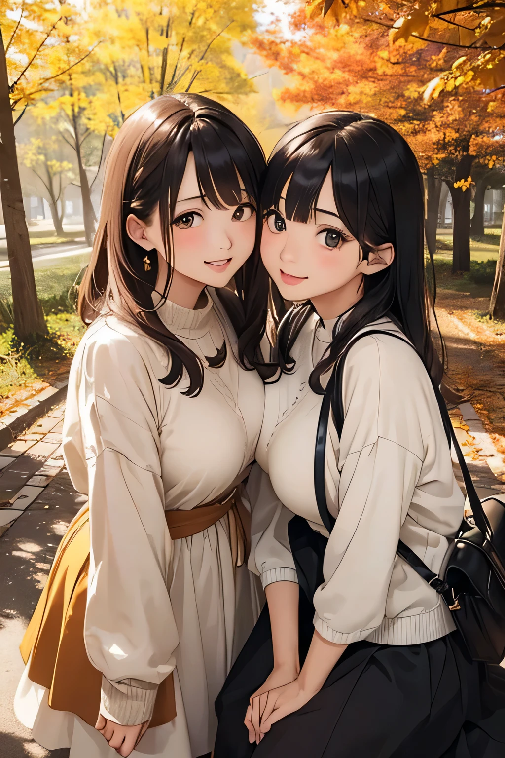 Highest quality、High resolution、Detailed Background、(Beautiful face in every detail:1.4)、Anatomically correct、(Detailed facial expressions)、Beautiful women in their 20s、(Highly detailed face:1.2)、(Huge breasts:1.2)、Cute hair colour、Cute hairstyle、Perfect body line、Cute Eye Makeup、Cute Lip Makeup、well-groomed eyebrows、A big smile、Do cute things、
(Two beautiful women looking at you with happy expressions:1.5)、
色づき始めたwood々The leaves are swaying slowly in the wind、The sky is clear、The mountain ranges in the distance are clearly visible、
wood々The leaves that fell from the branches of、Gracefully descending to the ground、The leaves gather together, swirl, and fly up、
Colorful fallen leaves are scattered along the road、Every time I walk, it makes a rustling sound as it gets crushed.、
wood々The soft sunlight filtering through the branches gently illuminates the fallen leaves.、
In the light, small birds are busily flying around.、Deep red or orange、yellow、It is recommended to incorporate autumn colors such as green.、Pair your feet with brown short boots.、You can create an autumn look.、
It's a good idea to choose accessories that have an autumn feel.、Necklace in gold and brown tones、Earrings、Suitable for bracelets etc.、Ribbed knit vest、Checkered Skirt、Materials such as corduroy pants also give off an autumn vibe.、Combine deep colors and warm materials overall、Outerwear such as snoods are also essential for the changing seasons.、 A sophisticated fall look with attention to detail、very beautiful