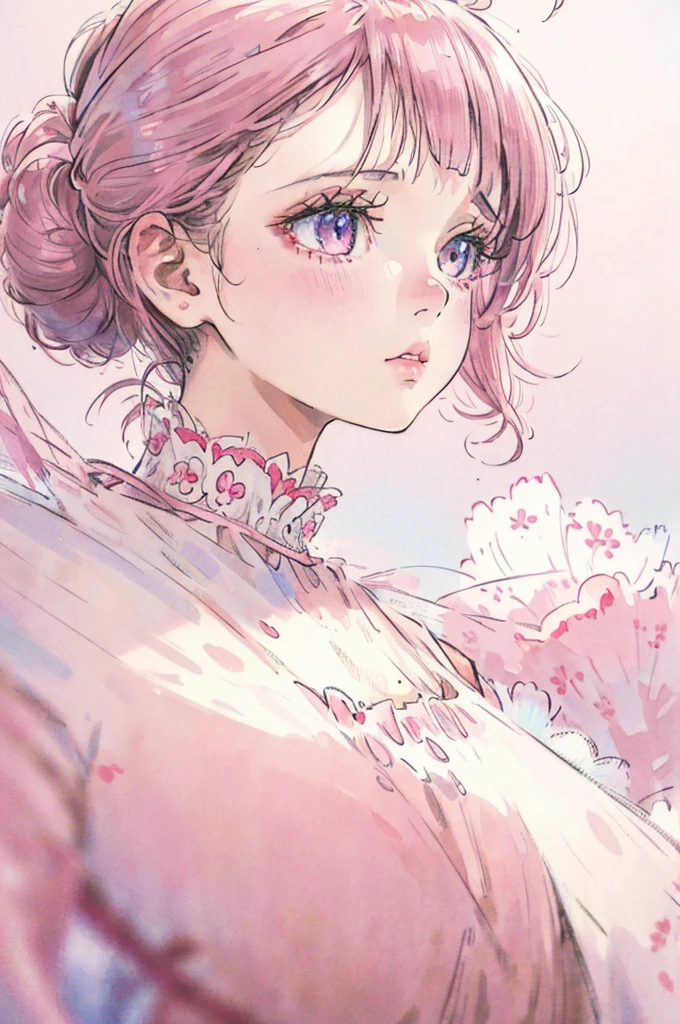 1girl, pink ponytail, messy curly hair, multiple poses, detailed facial features, beautiful eyes, beautiful lips, delicate features, cinematic lighting, dramatic angles, ethereal, pastel colors, dreamlike, soft focus, digital art, masterpiece