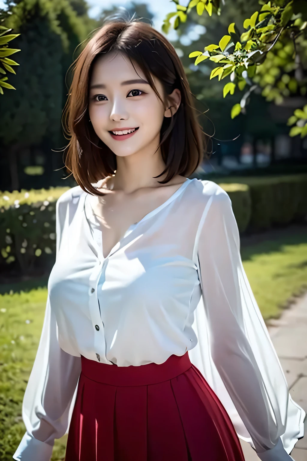 (((Beautiful woman standing in a windy park:1.3))),(Hair soars in strong winds:1.3),(The strong wind makes the shirt fly:1.3),(Skirt floating in strong wind:1.3),Holding down her frilly skirt with her hands:1.3),Off the shoulder,White shirt,Looking at the audience,whole body,From above,look up,Beautiful Hands,(Reddish brown wet shiny short messy hair),Blushing,Pointed red mouth,Big Breasts,Accentuate your breasts,Perfect body curves,Beautiful clavicle,((Expressing happiness through facial expressions:1.3))),Nice face,
Detailed clothing features,Detailed hair features,Detailed facial features,Looking into the camera,,(Dynamic and sexy pose),Cinematic Light,(Highest quality,Written boundary depth,Intricate details,The contrast of light and shadow、The subject appears three-dimensional,) ,Digital single-lens reflex camera, (Realistic),(Picture Mode Ultra HD,)
