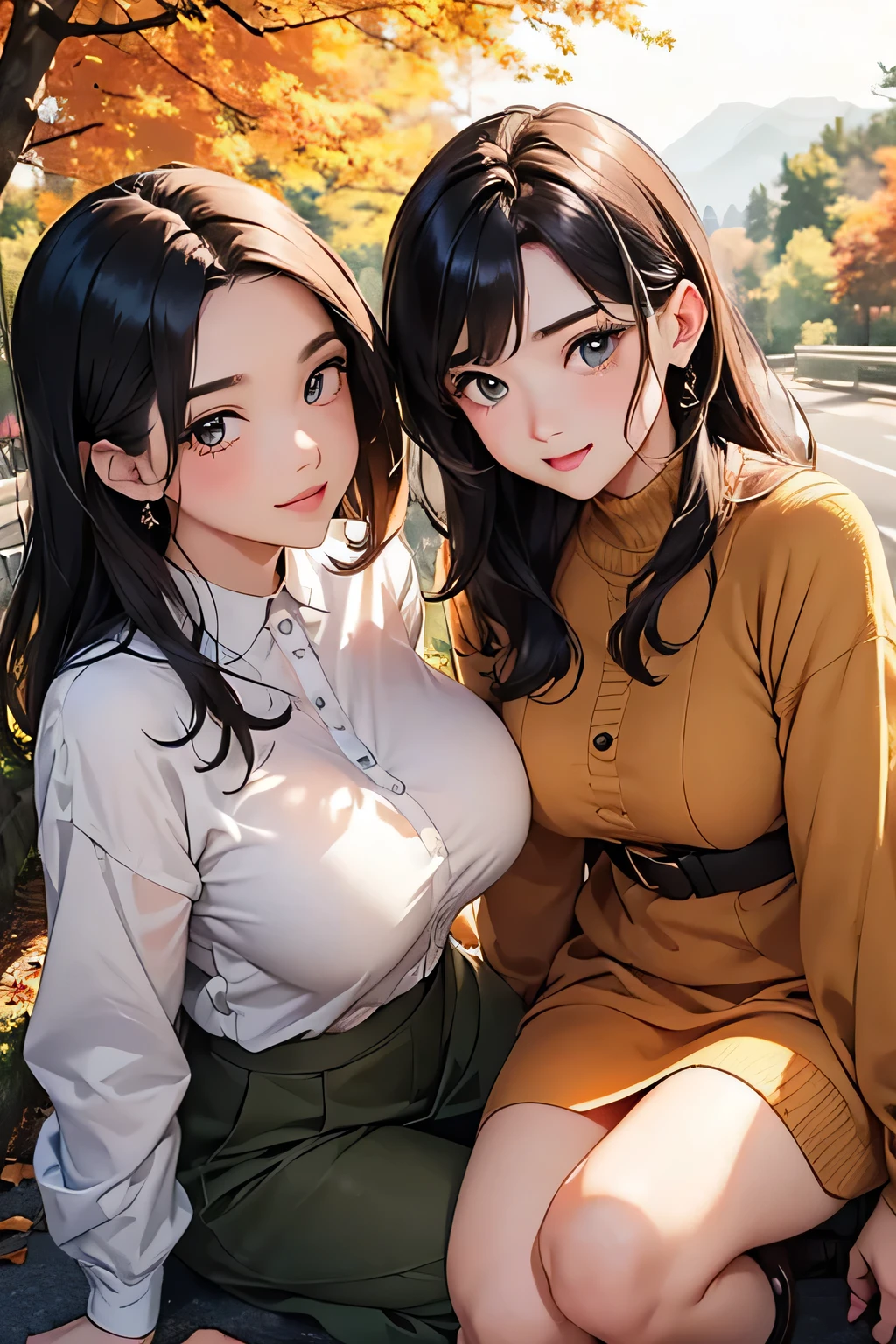 Highest quality、High resolution、Detailed Background、(Beautiful face in every detail:1.4)、Anatomically correct、(Detailed facial expressions)、Beautiful women in their 20s、(Highly detailed face:1.2)、(Huge breasts:1.2)、Cute hair colour、Cute hairstyle、Perfect body line、Cute Eye Makeup、Cute Lip Makeup、well-groomed eyebrows、A big smile、Do cute things、

(Two beautiful women looking at you with happy expressions:1.5)、

色づき始めたwood々The leaves are swaying slowly in the wind、The sky is clear、The mountain ranges in the distance are clearly visible、
wood々The leaves that fell from the branches of、Gracefully descending to the ground、The leaves gather together, swirl, and fly up、
Colorful fallen leaves are scattered along the road、Every time I walk, it makes a rustling sound as it gets crushed.、
wood々The soft sunlight filtering through the branches gently illuminates the fallen leaves.、
In the light, small birds are busily flying around.、Deep red or orange、yellow、It is recommended to incorporate autumn colors such as green.、Pair your feet with brown short boots.、You can create an autumn look.、
It&#39;s a good idea to choose accessories that have an autumn feel.、Necklace in gold and brown tones、Earrings、Suitable for bracelets etc.、Ribbed knit vest、Checkered Skirt、Materials such as corduroy pants also give off an autumn vibe.、Combine deep colors and warm materials overall、Outerwear such as snoods are also essential for the changing seasons.、 A sophisticated fall look with attention to detail、very beautiful