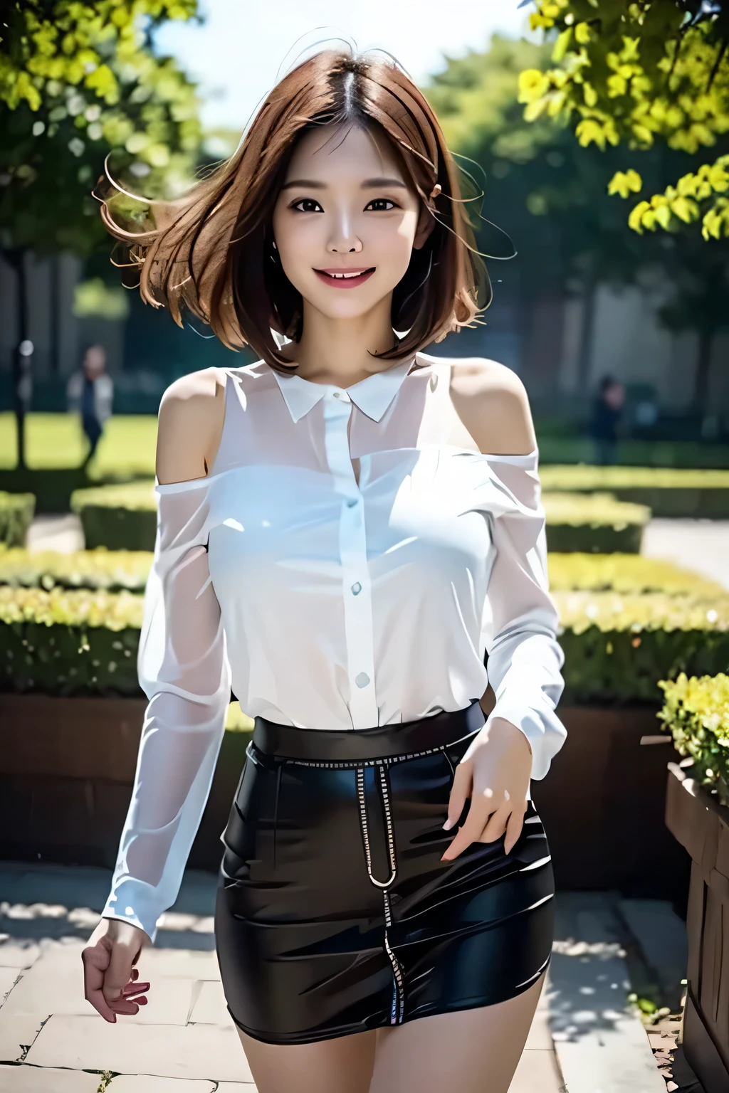 (((Beautiful woman standing in a windy park:1.3))),(Hair soars in strong winds:1.3),(The strong wind makes the shirt fly:1.3),(Skirt floating in strong wind:1.3),Holding down her frilly skirt with her hands:1.3),Off the shoulder,White shirt,Looking at the audience,whole body,From above,look up,Beautiful Hands,(Reddish brown wet shiny short messy hair),Blushing,Pointed red mouth,Big Breasts,Accentuate your breasts,Perfect body curves,Beautiful clavicle,((Expressing happiness through facial expressions:1.3))),Nice face,
Detailed clothing features,Detailed hair features,Detailed facial features,Looking into the camera,,(Dynamic and sexy pose),Cinematic Light,(Highest quality,Written boundary depth,Intricate details,The contrast of light and shadow、The subject appears three-dimensional,) ,Digital single-lens reflex camera, (Realistic),(Picture Mode Ultra HD,)
