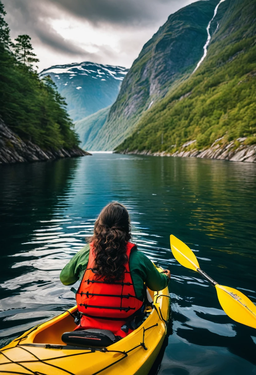 There is a view of a girl with black curly hair kayaking from the front of the boat, a photo by Sebastian Spreng, Pexels contest winner, modernism, Norway fjords, water paddle, Norway fjord, fjords in background, fjord, Norway, in a kayak in a forest, Epic scenic shot, epic mountains in the background, Norway mountains, fjords