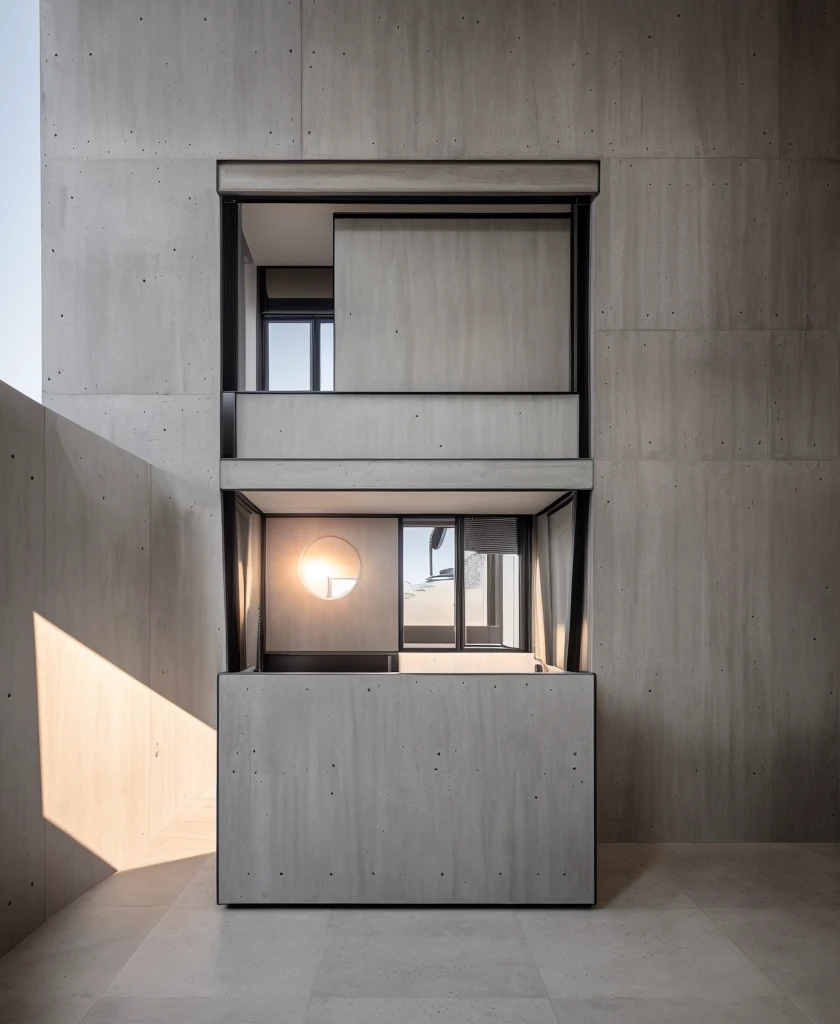 RAW photo, morden house, a building in the style of grid pattern, the building is made of natural stone, raw gray concrete, wood, glass and gray color, daylight, Shadow, volumetric light::1.5, warm light, point light::1.5, target light artstation trends, studio photos, intricate details, luxurious and spacious, beautiful, realistic, 32k uhd, sunset: 1.5