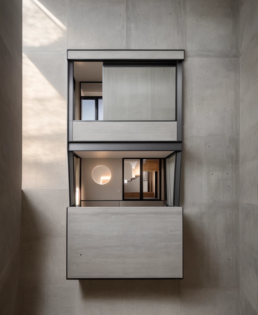 RAW photo, morden house, a building in the style of grid pattern, the building is made of natural stone, raw gray concrete, wood, glass and gray color, daylight, Shadow, volumetric light::1.5, warm light, point light::1.5, target light artstation trends, studio photos, intricate details, luxurious and spacious, beautiful, realistic, 32k uhd, sunset: 1.5