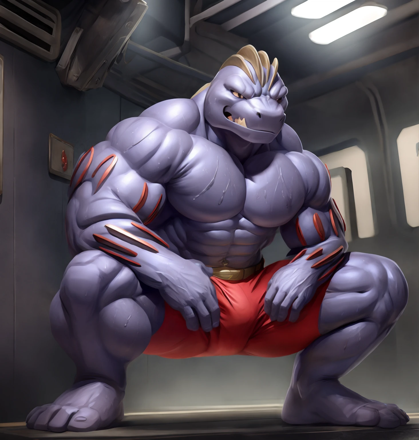 Machoke (Pokemon), Male machoke, spreading legs, looking at crotch, clenched teeth, red spandex pants, sweaty, squatting, hands on crotch, covering groin, grabbing crotch.