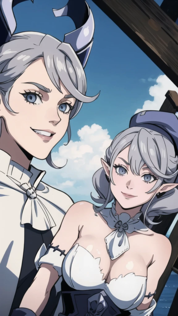 Beautiful arts wallpaper Sunset Outside castle top High level image quality best image quality 8K adult woman on pirate ship with black seals more colors whole body view portrait wearing pure white bikini horn ears short hair((shortcut)(gray hair)(perm)(fluffy)) eye color is blue , , attractive evil face , smile , wering pirate clothes, pirate hat , labrynth ,gloves , barefoot ,