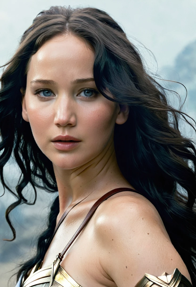 (((Very close up (((Midjourney Images))),(((Jennifer Lawrence))),(((long black hair)))under the mantle of the Amazon warrior Wonder Woman Diaema Wonder Woman frontal images color images Splash))),(((Jennifer Lawrence))),(((black hair Largo))),(((black hair))),(((Diaema Wonder Woman)))