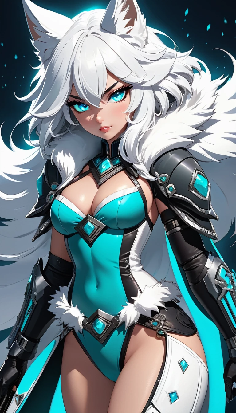 Anthro HD Anime Style, Highly Detailed White Wolf Mercenary Goddess, Beautifully Fierce and Elegant, Precision-engineered High-Tech Shotgun in Hand, Dynamic Action Scene Illuminated by Dramatic Neon Lighting, Elaborate Modern Equipment with Intricate Gun modifications, White Fur Cloak billowing in the wind, Sculpted Body, Detailed Facial Features, and Intense, Focused Expression, Long, Curvaceous Legs, Mesmerizing Turquoise Eyes piercing the darkness, High Quality, Ultra-Detailed, and Stunning Animation in 8K resolution, Subtle textures
