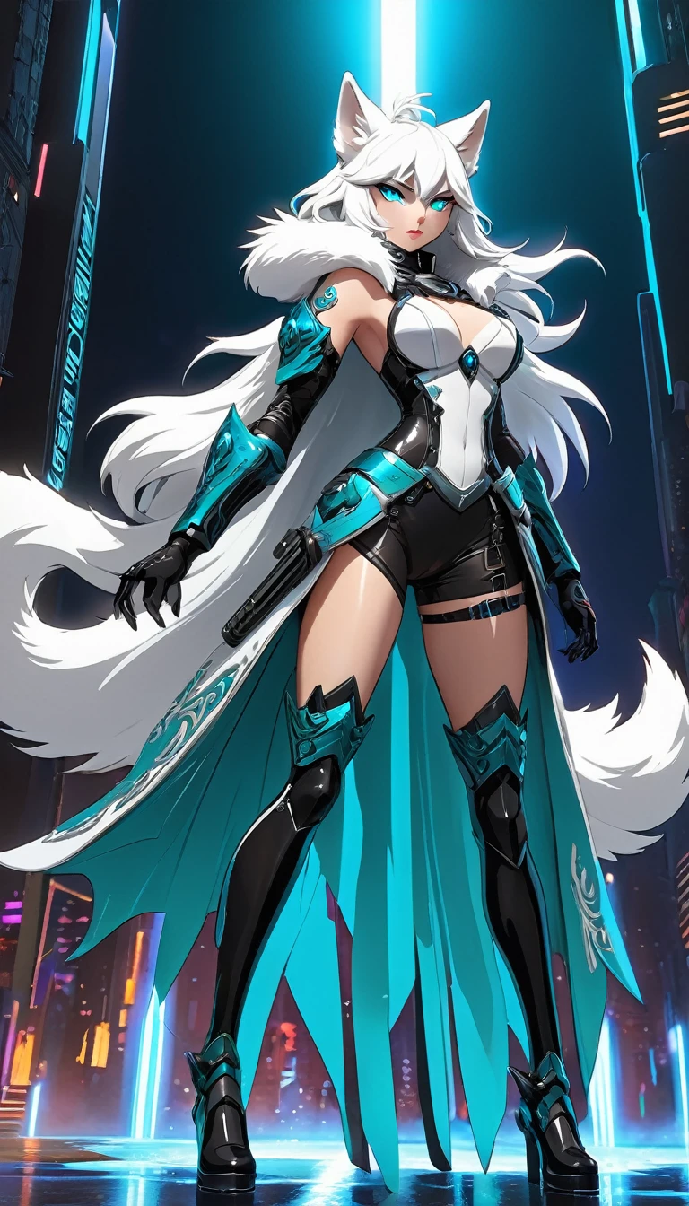 Anthro HD Anime Style, Highly Detailed White Wolf Mercenary Goddess, Beautifully Fierce and Elegant, Precision-engineered High-Tech Shotgun in Hand, Dynamic Action Scene Illuminated by Dramatic Neon Lighting, Elaborate Modern Equipment with Intricate Gun modifications, White Fur Cloak billowing in the wind, Sculpted Body, Detailed Facial Features, and Intense, Focused Expression, Long, Curvaceous Legs, Mesmerizing Turquoise Eyes piercing the darkness, High Quality, Ultra-Detailed, and Stunning Animation in 8K resolution, Subtle textures
