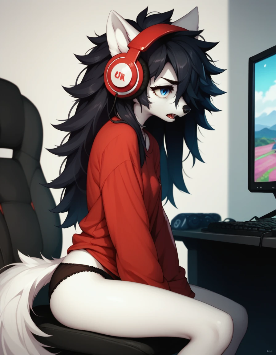 score_9,score_8_up,score_7_up, sierra, a young nerdy Anthro furry wolf woman, white furry body, tall, awkward, long black messy hair, hair covering one eye, long black hair, blue eyes, small breasts, white wolf tail, wearing oversized red shirt, black panties,sitting on a gamer chair, playing on a gaming pc, looking at computer monitor, wearing gaming headphones, (hands on a keyboard):2, raised eyebrows, mouth open, eyes half open, hands on a keyboard and mouse, in a messy bedroom, side view, 