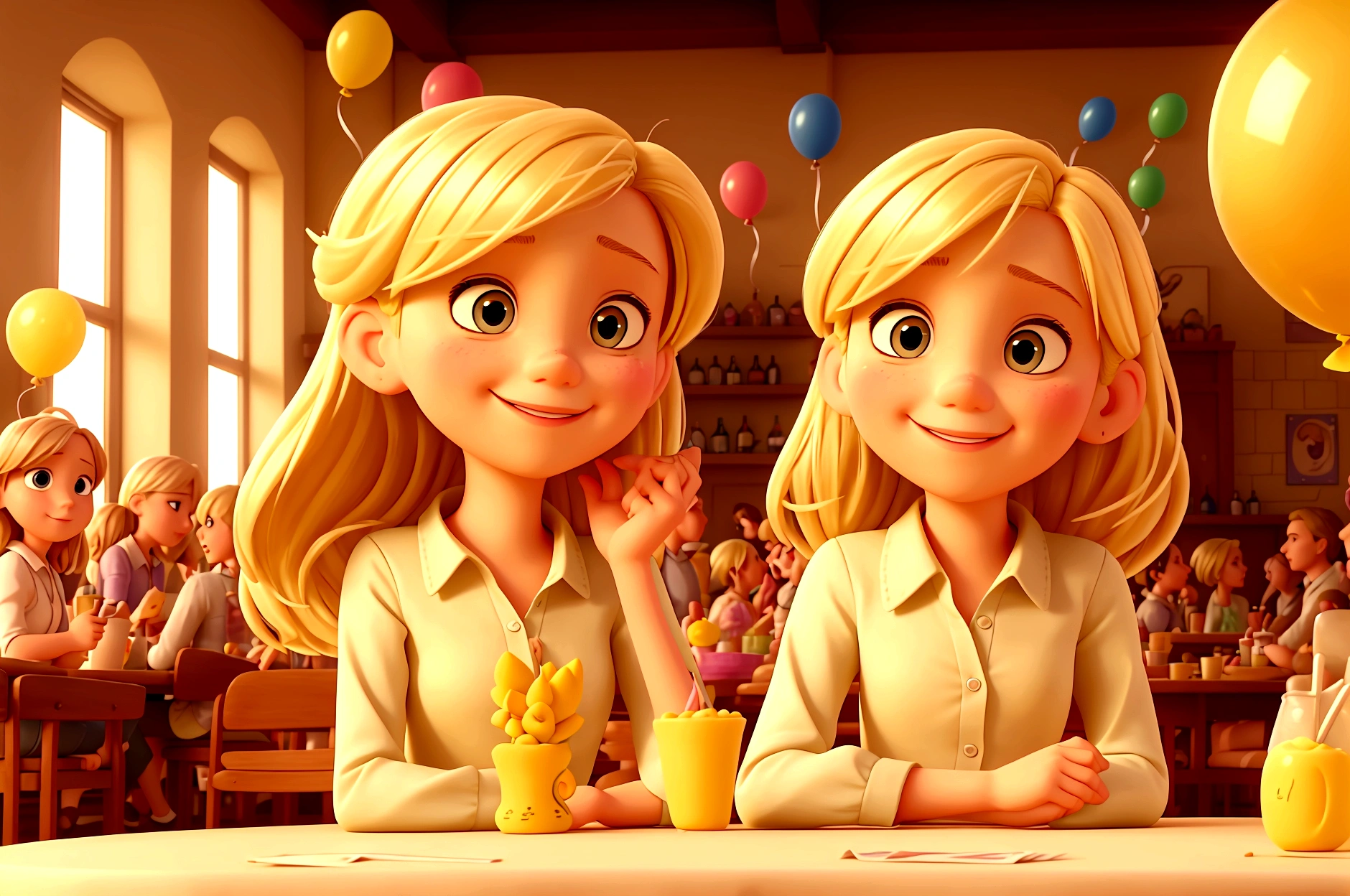 creates an image of a young blonde  girl pixar style, sitting at a table with other friends, happy, everyone together, taking a selfie, celebrating a birthday, Text "Giselle" background is a bar, and yellowish color, balloons, plants and notes of dollars falling to the bottom