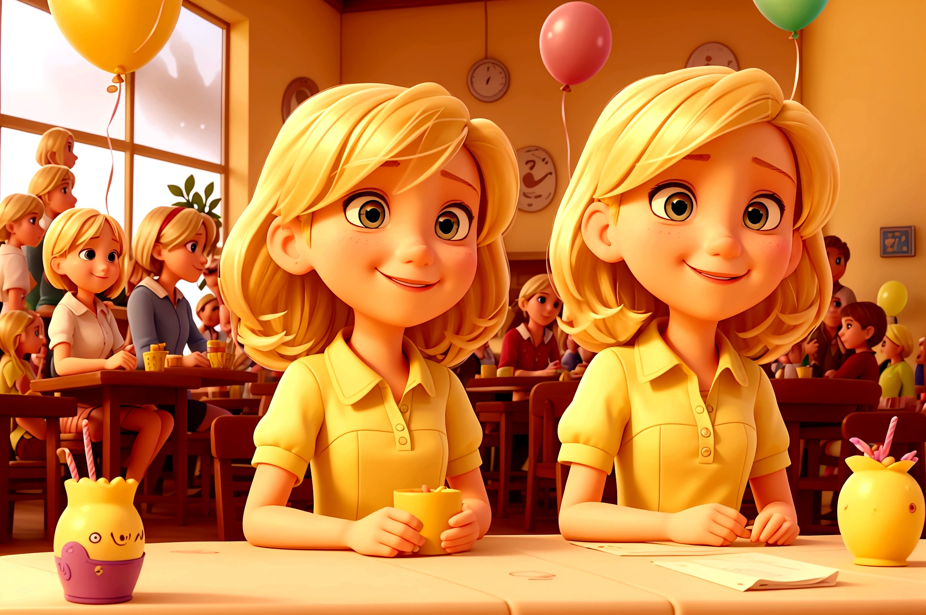 creates an image of a young blonde pixar style, sitting at a table with other friends, happy, everyone together, taking a selfie, celebrating a birthday, Text "Giselle" background is a bar, and yellowish color, balloons, plants and notes of dollars falling to the bottom