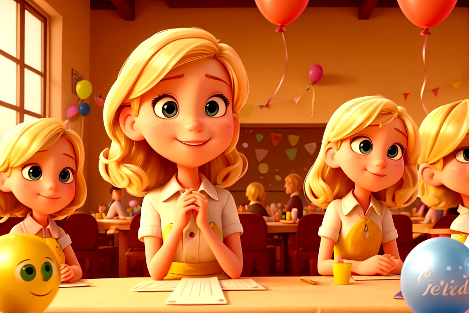 creates an image of a young blonde  girl pixar style, sitting at a table with other friends, happy, everyone together, taking a selfie, celebrating a birthday, Text "Giselle" background is a bar, and yellowish color, balloons, plants and notes of dollars falling to the bottom