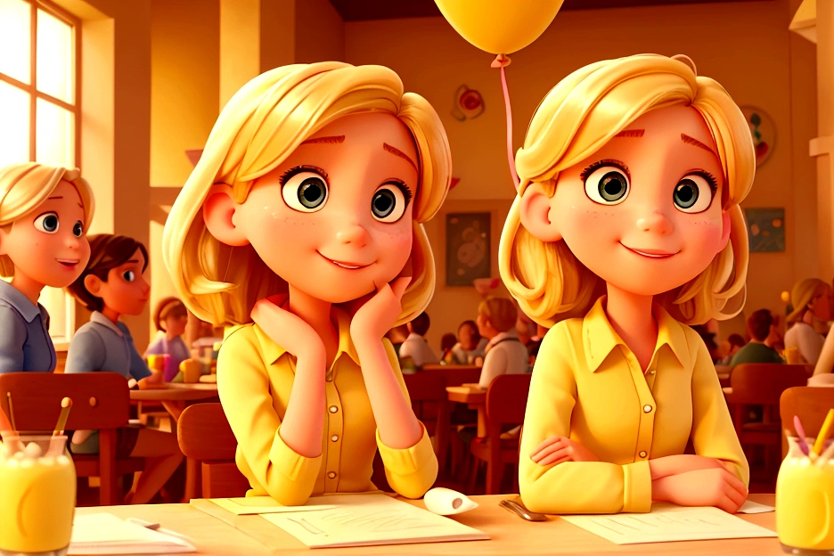 creates an image of a young blonde girl pixar style, sitting at a table with other friends, happy, everyone together, taking a selfie, celebrating a birthday, Text "Giselle" background is a bar, and yellowish color, balloons, plants and notes of dollars falling to the bottom
