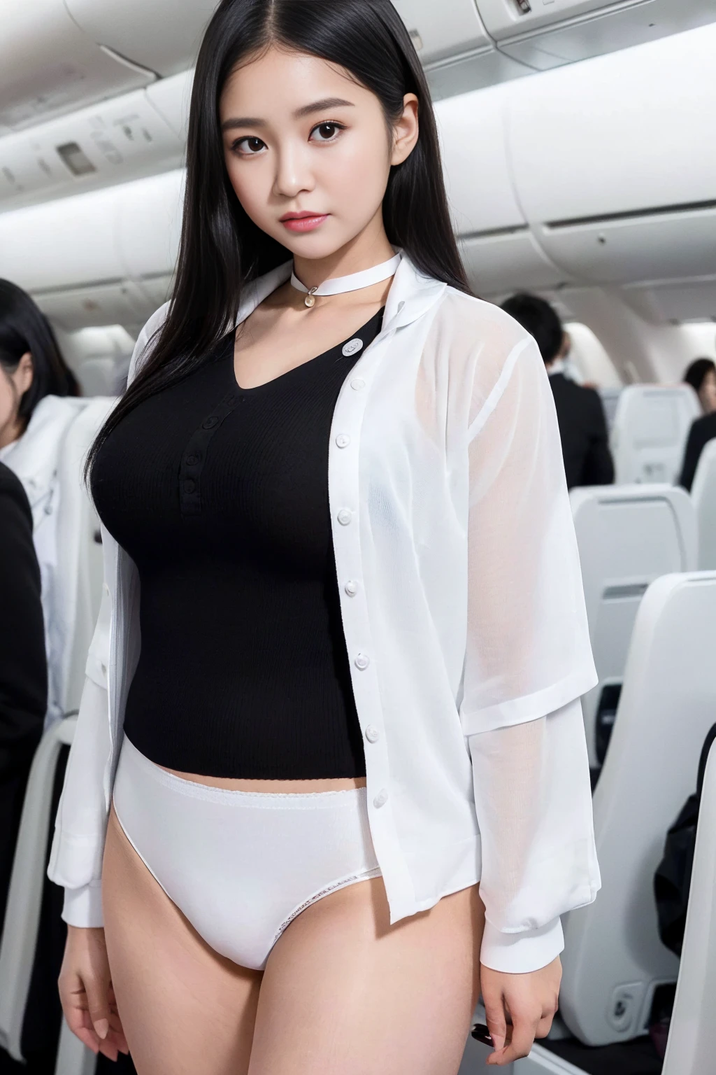 Woman wearing only underwear and spreading legs on airplane