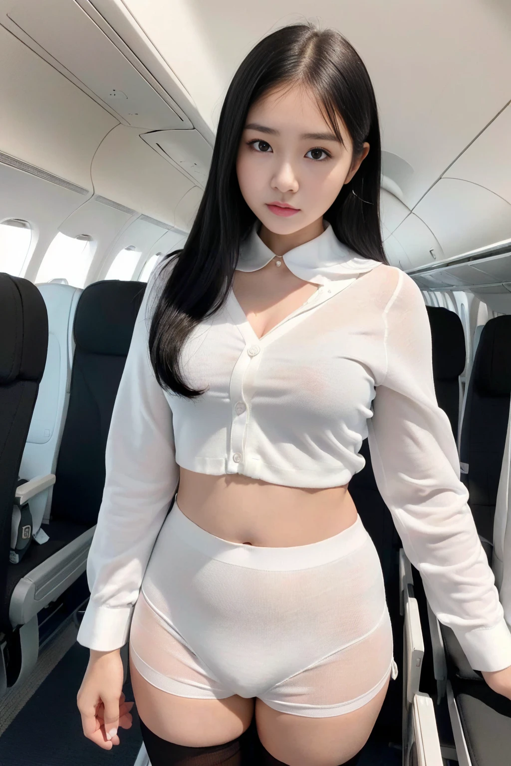 (8x_NMKD-Superscale_150000_G), (best quality), (high resolution), (masterpiece), (standing in airplane aisle), (((flight attendant))), ((short, black hair)), ((cute , ))), ((24 years old, 1 beautiful girl)), ((collar around neck)), ((white shirt, navel bare, panties, black long socks)), Japanese